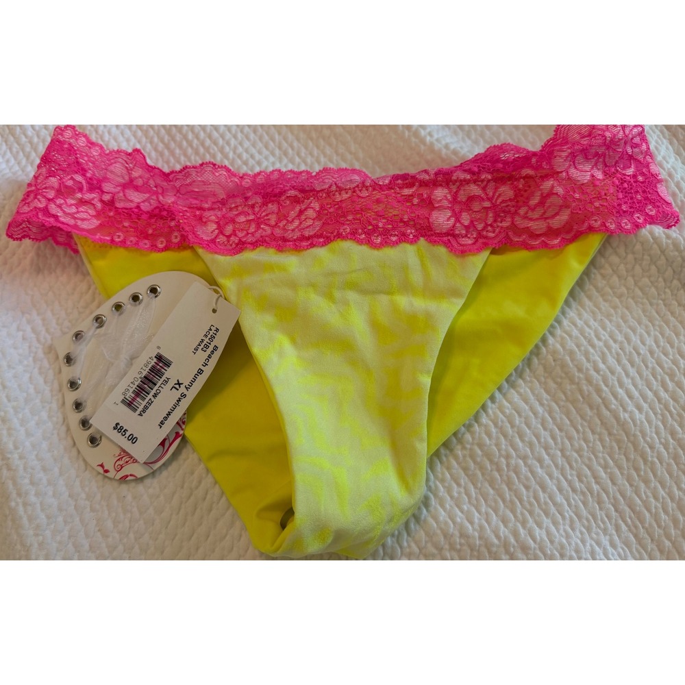 Beach Bunny Yellow Zebra Lace‎ Waist Bikini Bottom Ruched Pink Lace R1501B3 XL